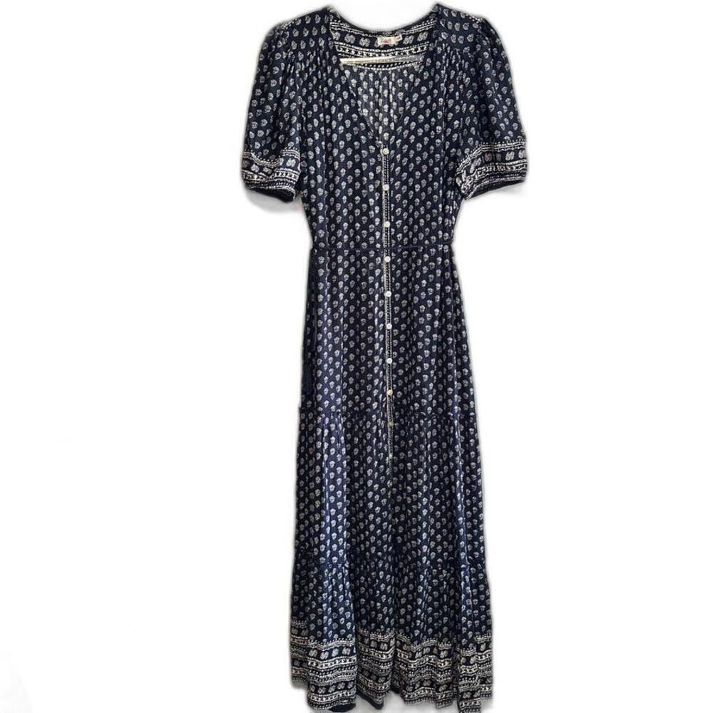Faherty Orinda Navy and White lotus Print Maxi Dress